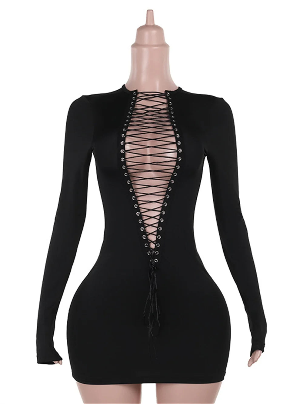 Weird Puss Hollow Shirring Sexy Dress Women Hipster Full Sleeve Coquette Midnight Party Clubwear Stretch Skinny Mini Bodycon