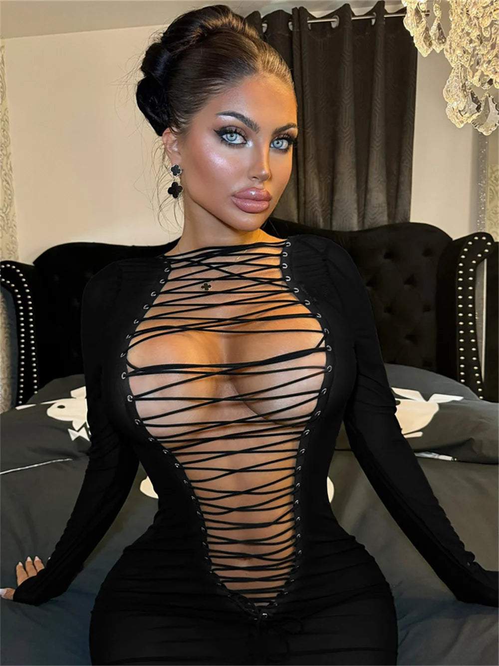 Weird Puss Hollow Shirring Sexy Dress Women Hipster Full Sleeve Coquette Midnight Party Clubwear Stretch Skinny Mini Bodycon