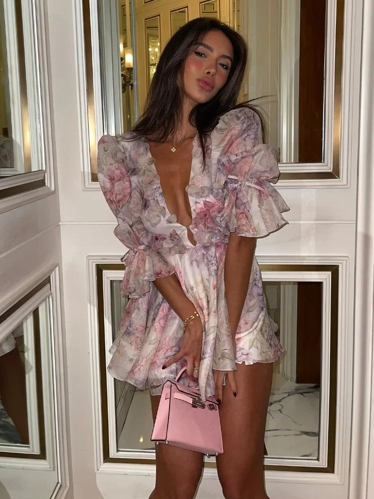 Sexy Flare Sleeve V Neck Printed Mini Dress Fashion Pleated A-line High Waist Gown New Lady Summer Evening Party Club Vestidos