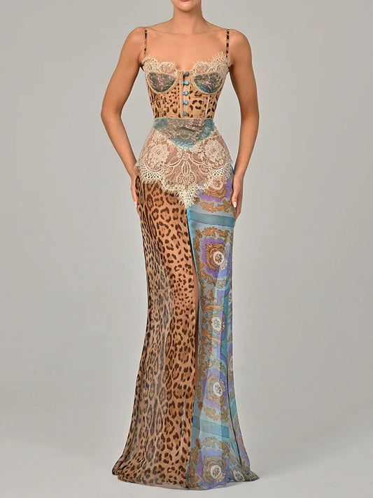Mozision Leopard Print Lace Split Sexy Maxi Dress Women Gown Elegant Patchwork Chiffon Sleeveless Backless Beach Evening Dress