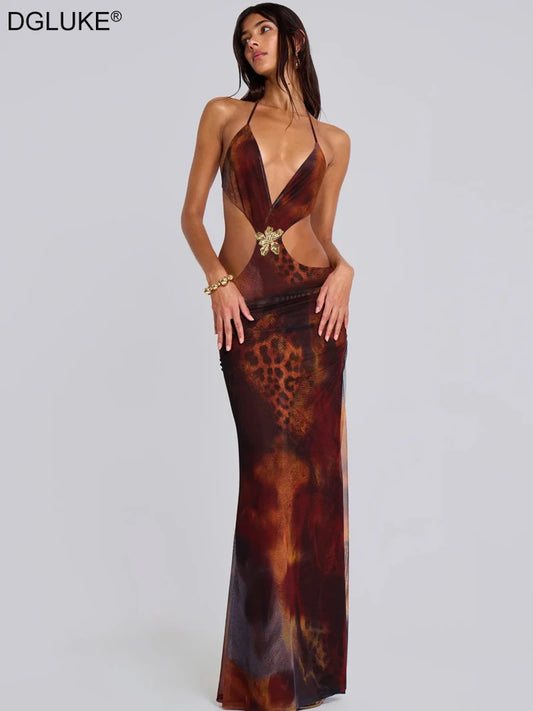 DGLUKE Tie Dye Print Cut Out Maxi Dress Women Plunging Backless Mesh Long Dress Sexy Summer Beach Party Dresses