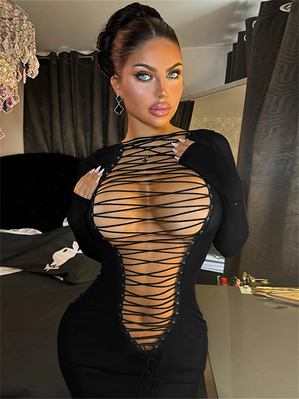 Weird Puss Hollow Shirring Sexy Dress Women Hipster Full Sleeve Coquette Midnight Party Clubwear Stretch Skinny Mini Bodycon