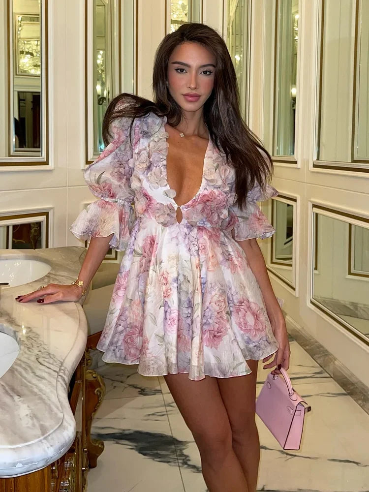 Sexy Flare Sleeve V Neck Printed Mini Dress Fashion Pleated A-line High Waist Gown New Lady Summer Evening Party Club Vestidos