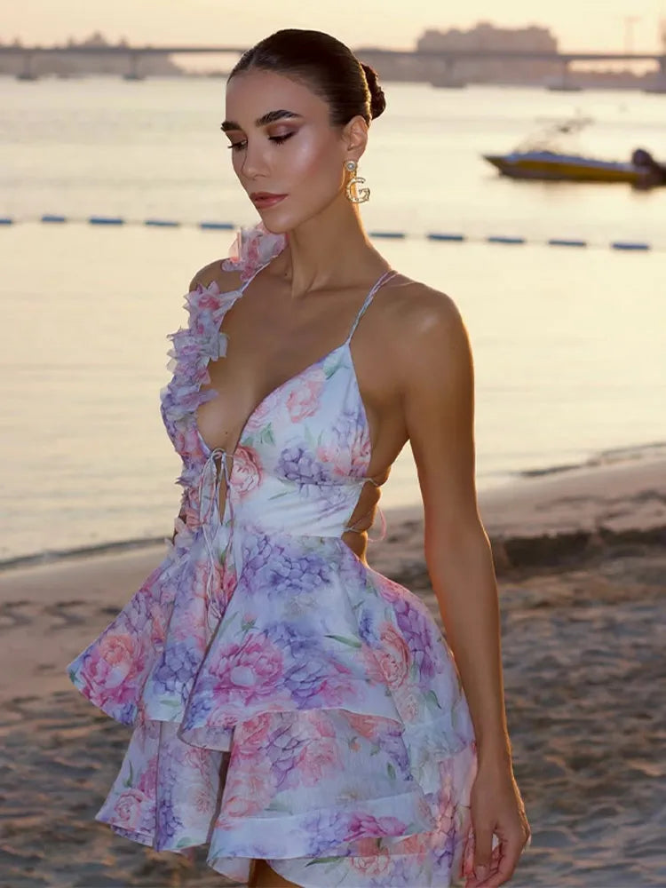 Sexy Flare Sleeve V Neck Printed Mini Dress Fashion Pleated A-line High Waist Gown New Lady Summer Evening Party Club Vestidos